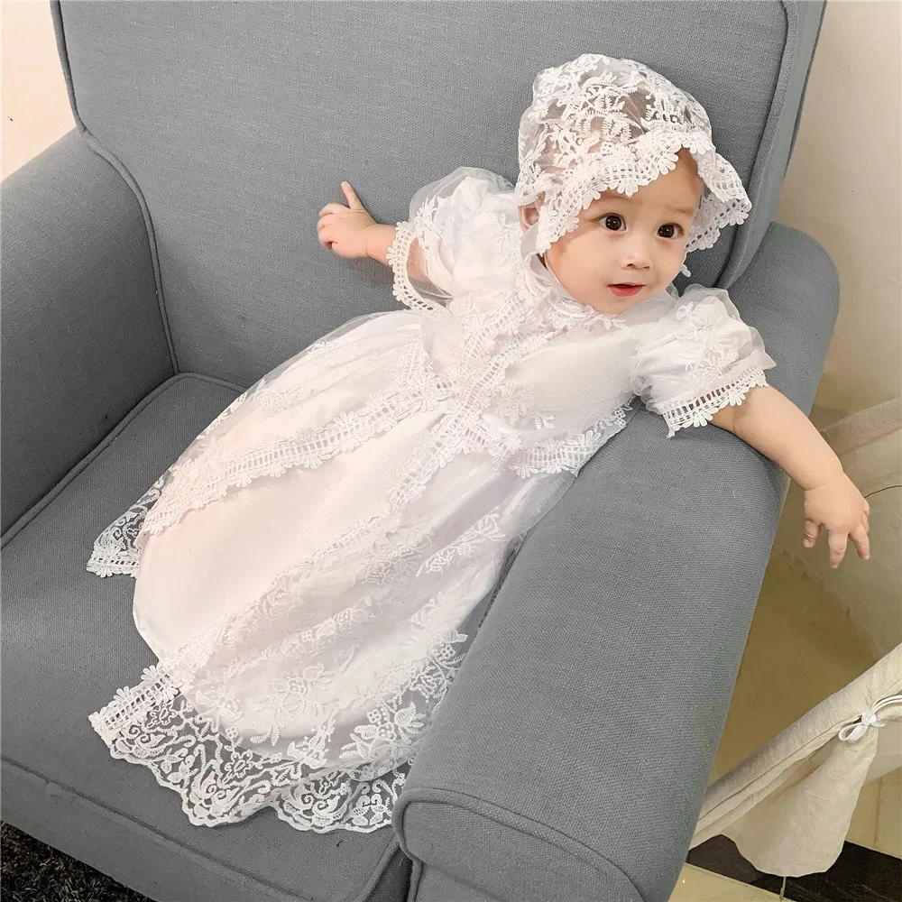 Baby Girl Dress Toddler White Princess Dress Pleated Lace Dresses+hat Baby Cake Sash Outfit Newborn Photoshoot Birthday Gown