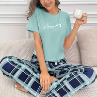 Women's Pajamas Set Soft Comfortable Letter Print T-Shirt & Plaid Long Pants Sleepwear 2 Pieces Home Clothes Loungewear Pyjama