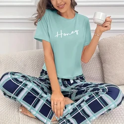 Women's Pajamas Set Soft Comfortable Letter Print T-Shirt & Plaid Long Pants Sleepwear 2 Pieces Home Clothes Loungewear Pyjama