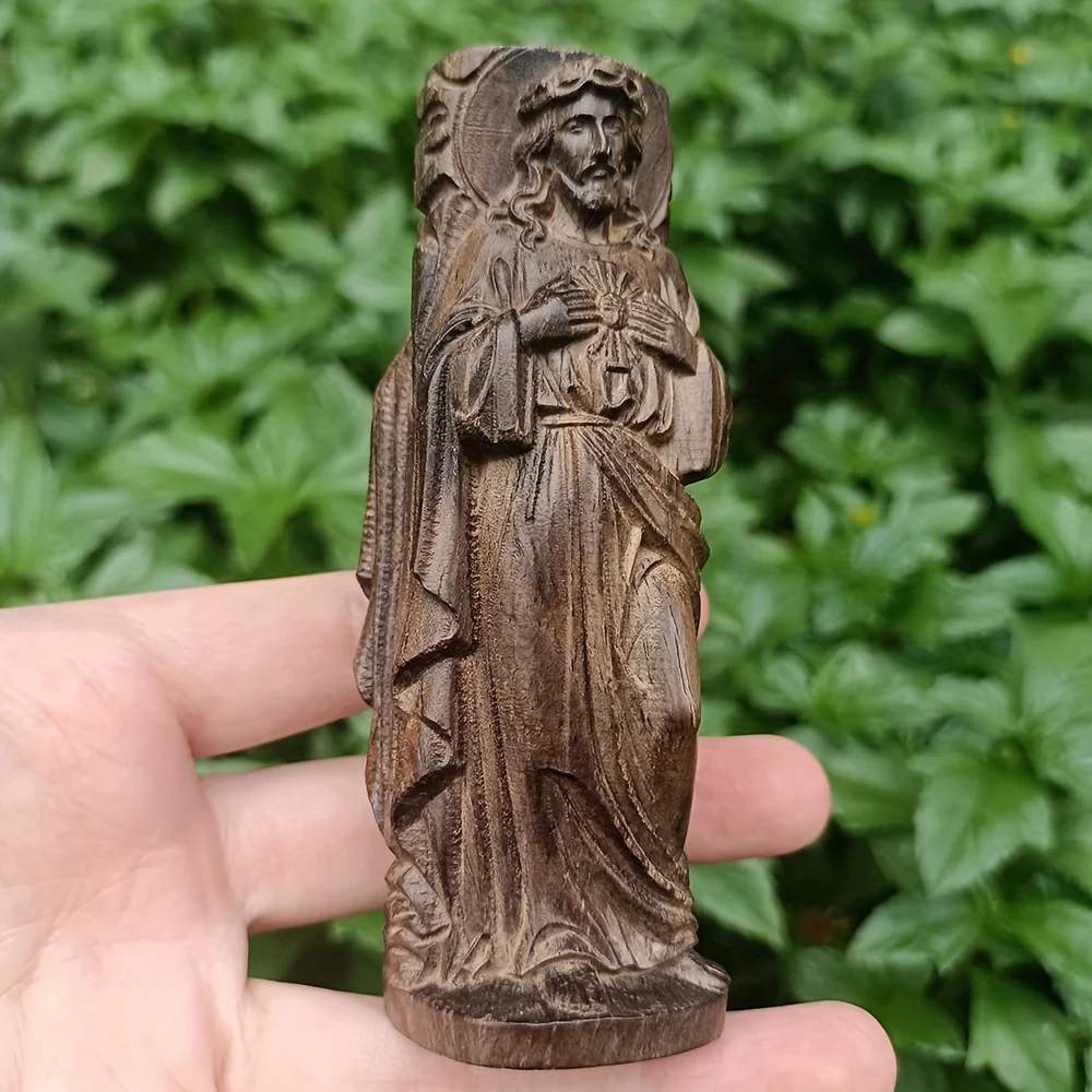 3.8 Inch Hand-Carved Wooden Jesus Figurine, Suitable for Home Living Room, TV Cabinet, Entryway Decoration, Vintage Ornament, Housewarming Gift