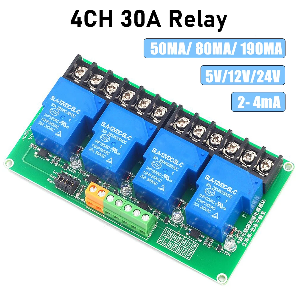 

4 Channel 30A Relay Module with Optocoupler Isolation Relay Output DC5V 12V 24V Supports High & Low Triger Trigger Switch Module