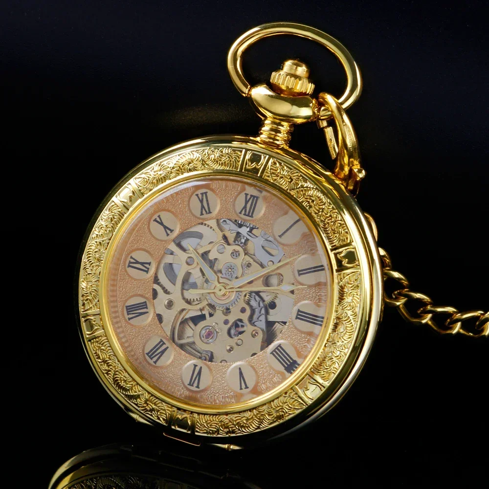 New Gold Transparent Roman Digital Mechanical Pocket Watch Vintage Hollow-Out Case Analog Skeleton Men's Mechanical Pocket Watch