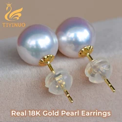 TIYINUO Real 18K Gold AU750 Natural Pearl Stud Earrings Fine Jewelry For Woman Party Office Classic Gift Delicate Present