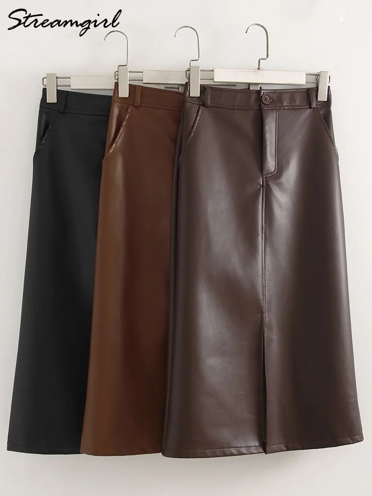 

Streamgirl Brown Long Leather Skirt With Front Slit Women PU Black Skirts For Work High Waist Leather Midi Skirt Women Elegant