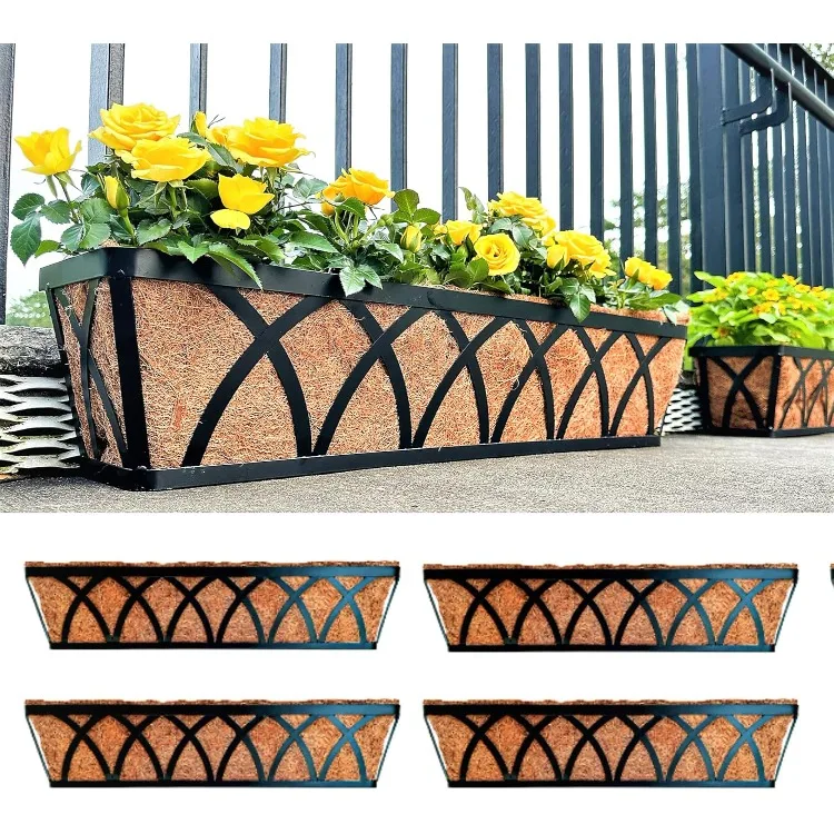 

Window Planter Box - 4 Pack, 24 Inch Outdoor Wall Mounted and Deck Railing Planter with Coco Liner, Window Flower Basket