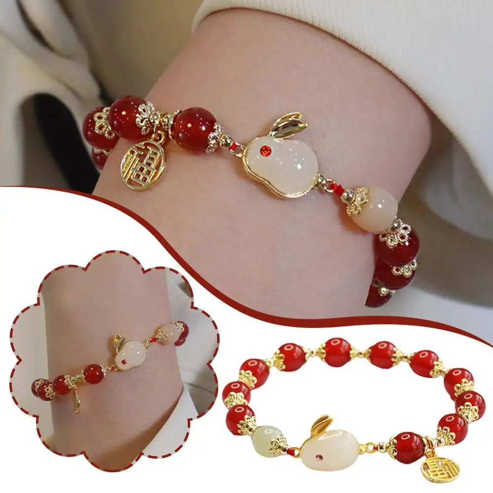 2023 New Cute Animal Rabbit Red Lucky Beaded Bracelet For Women Exquisite Opal Bunny Bracelets Good Luck Amulet Wealth Jewe F9o8