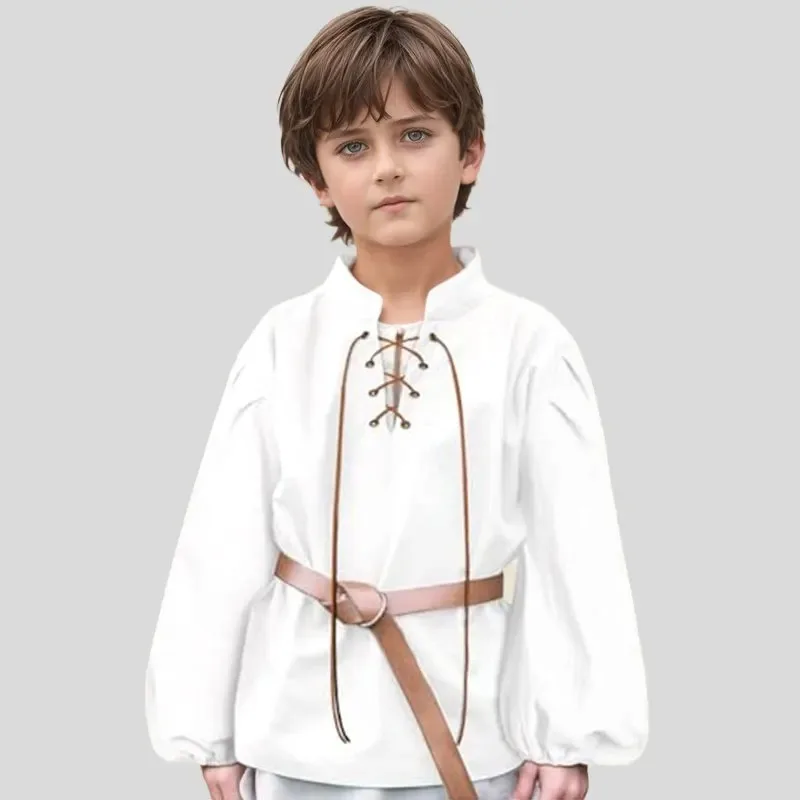 Medieval Stand Collar Kids Shirt Boys Pirate Viking Costume Vintage Lace Up Blouse