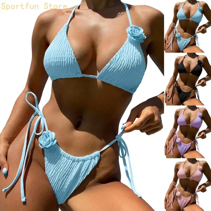

Women's Two Piece Set 3D Rose Ruched Halter Trangle Bathing Suit Tie Side Thong Swimsuit X7JD