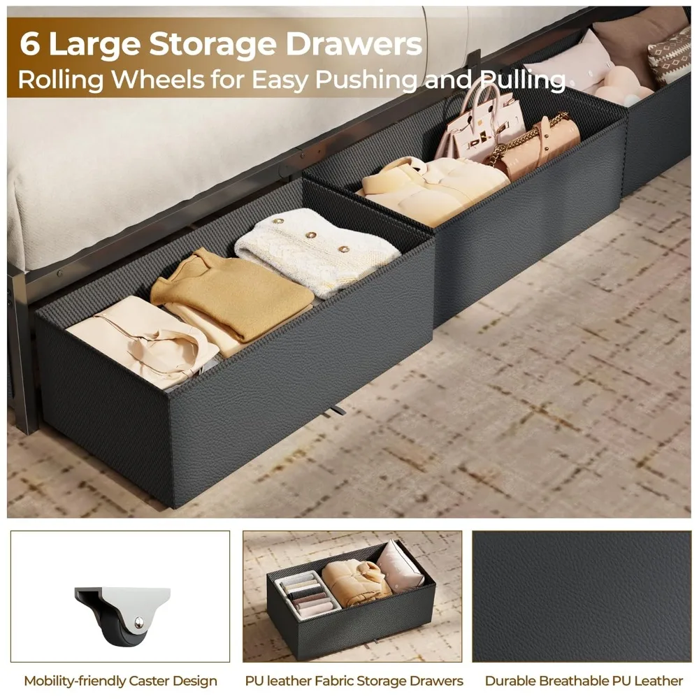 

Queen Bed Frame with Storage Headboard and 6 Drawers, Metal Platform Bed Frame Queen Size with Charging Station, Customized