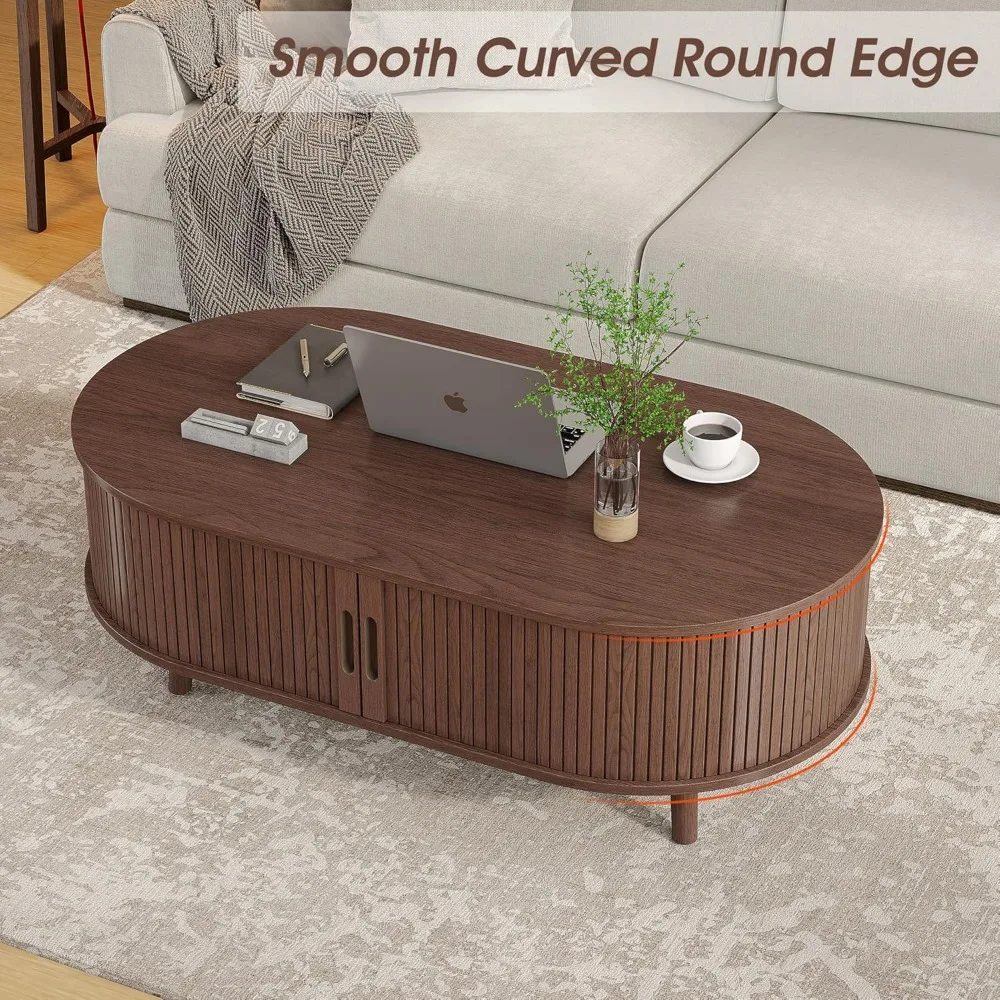 Stolik kawowy w stylu mid-century modern z przesuwanymi drzwiami i ukrytym schowkiem z rowkami do salonu, dekoracja domu, meble funkcjonalne, USA