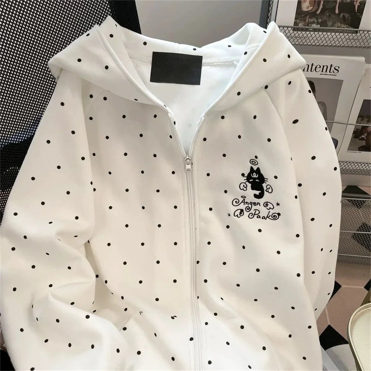 Niedlicher Polka-Dot-Katzen-Hoodie mit Stickerei, Herbst-Winter, süßer, lockerer Schnitt, Reißverschluss-Cardigan-Jacke, Harajuku Casual Sweatshirts, Neu 2025 – Detail 3