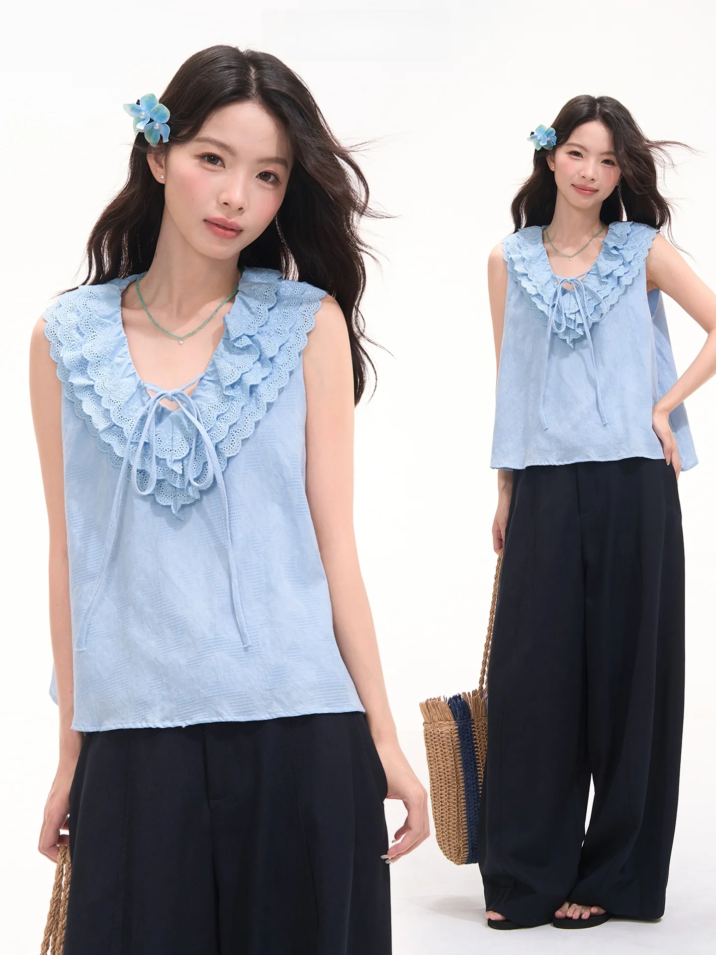 

Heme Floral Field Window Ice Blue Ruffle Lace V-Neck Sleeveless Shirt Women Summer Cotton Sweet Style Loose Fit Top