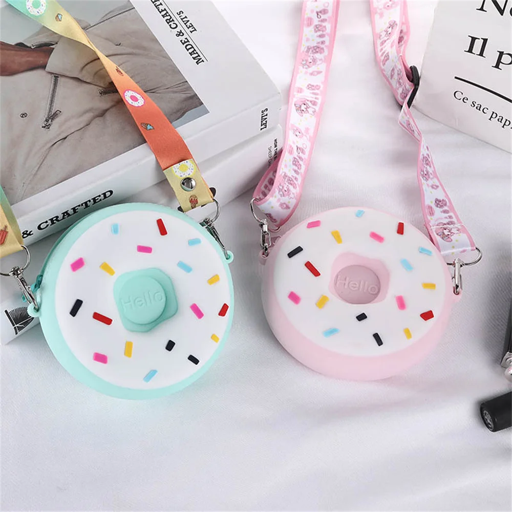 Cute Rainbow Donut Silicone Crossbody Bag Mini Zipper Adjustable Shoulder Purse Girl Round Bag Holiday Travel Handbag