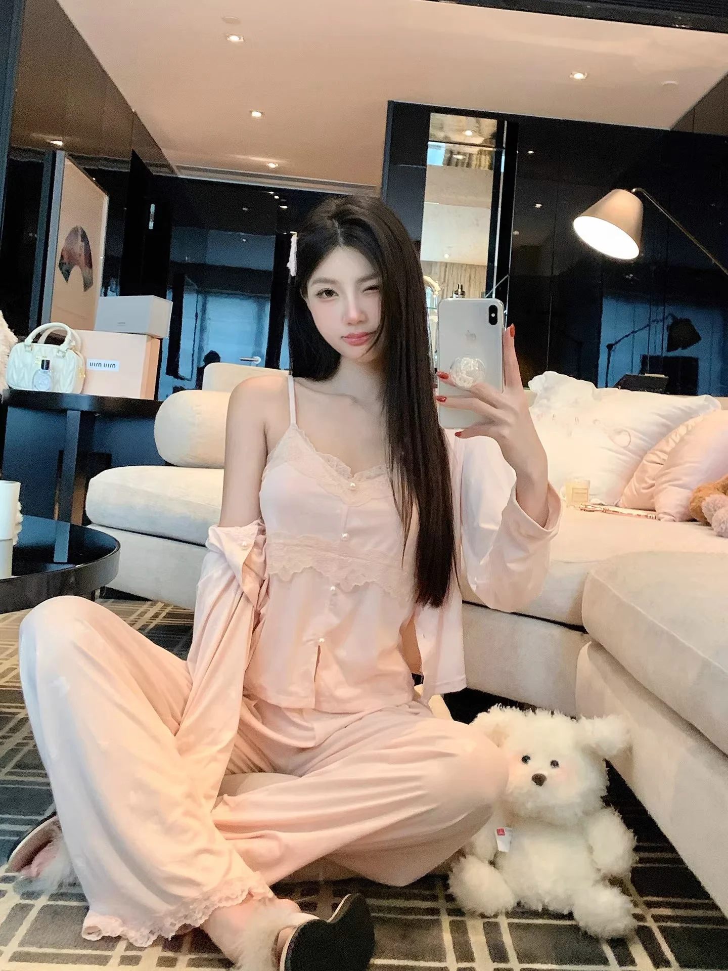 Sexy Pure Desire Lace Trim Three Piece Set Nightgown Women's Home Clothes Set with Chest Pad V Neck Long Sleeve Soft Comfortable