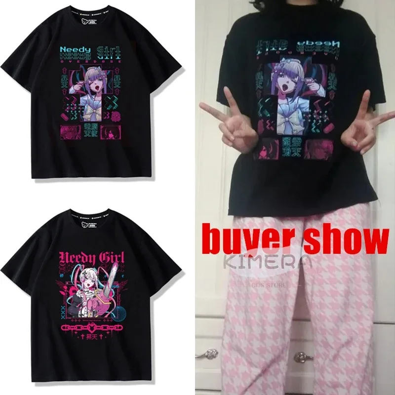 T-shirt preta de grandes dimensões Needy Girl para homens e mulheres OVERDOSE Kangel, T manga gráfica, top bonito, manga curta, roupa de casal kawaii, verão