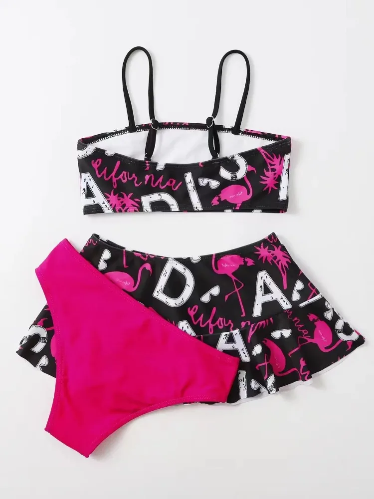 Girls 3pack Flamingo Print Bikini Sets With Skirts Cover Up Beach Kids Swimsuit 7-12 Years Children's Swimwear Teens 2026