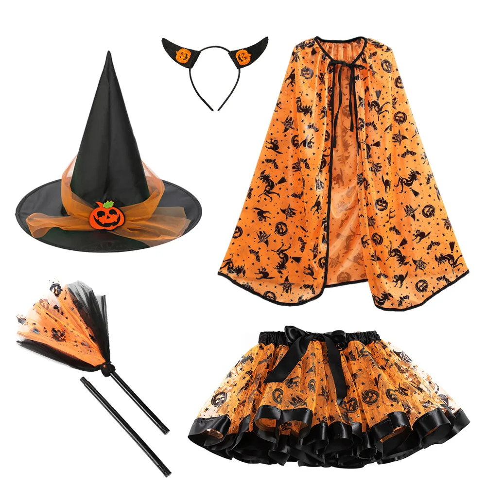 Girls Halloween Witch Costume Sets Tutu Skirt With Hat Broom Headband Cloak Elf Props Pumpkin Print Witch Party Dress Up Clothes