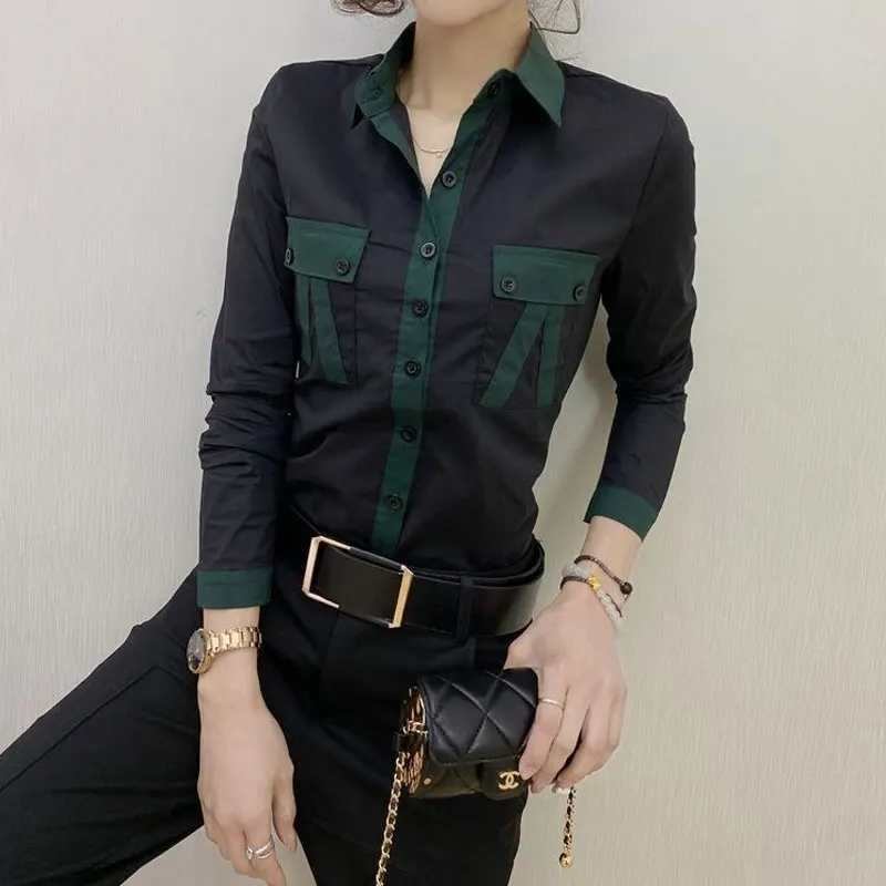 Spring Autumn Moto Biker Pockets Patchwork Blouse Casual Slim Solid Color Turn-down Collar Female Clothing Single-breasted Shirt