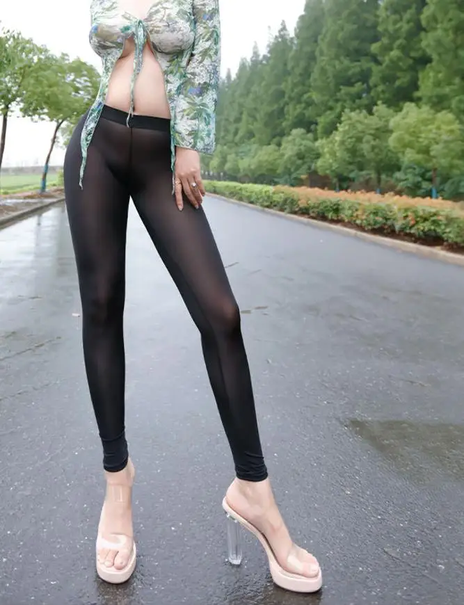 

Women Lady Sexy Lingerie Customized See Through Elastic Leggings Open Crotch Pants Slim Stretchy