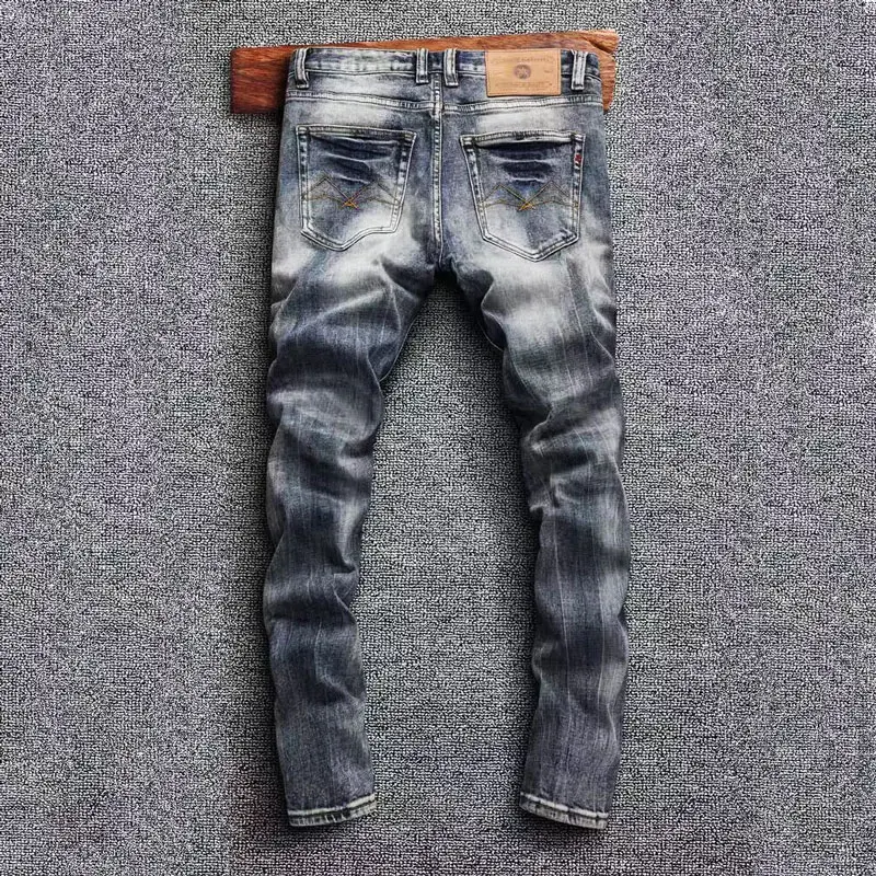 Fashion Designer Men Jeans Trendy Trousers High Quality Retro Blue Elastic Slim Fit Vintage Jeans Men Casual Denim Pants Hombre