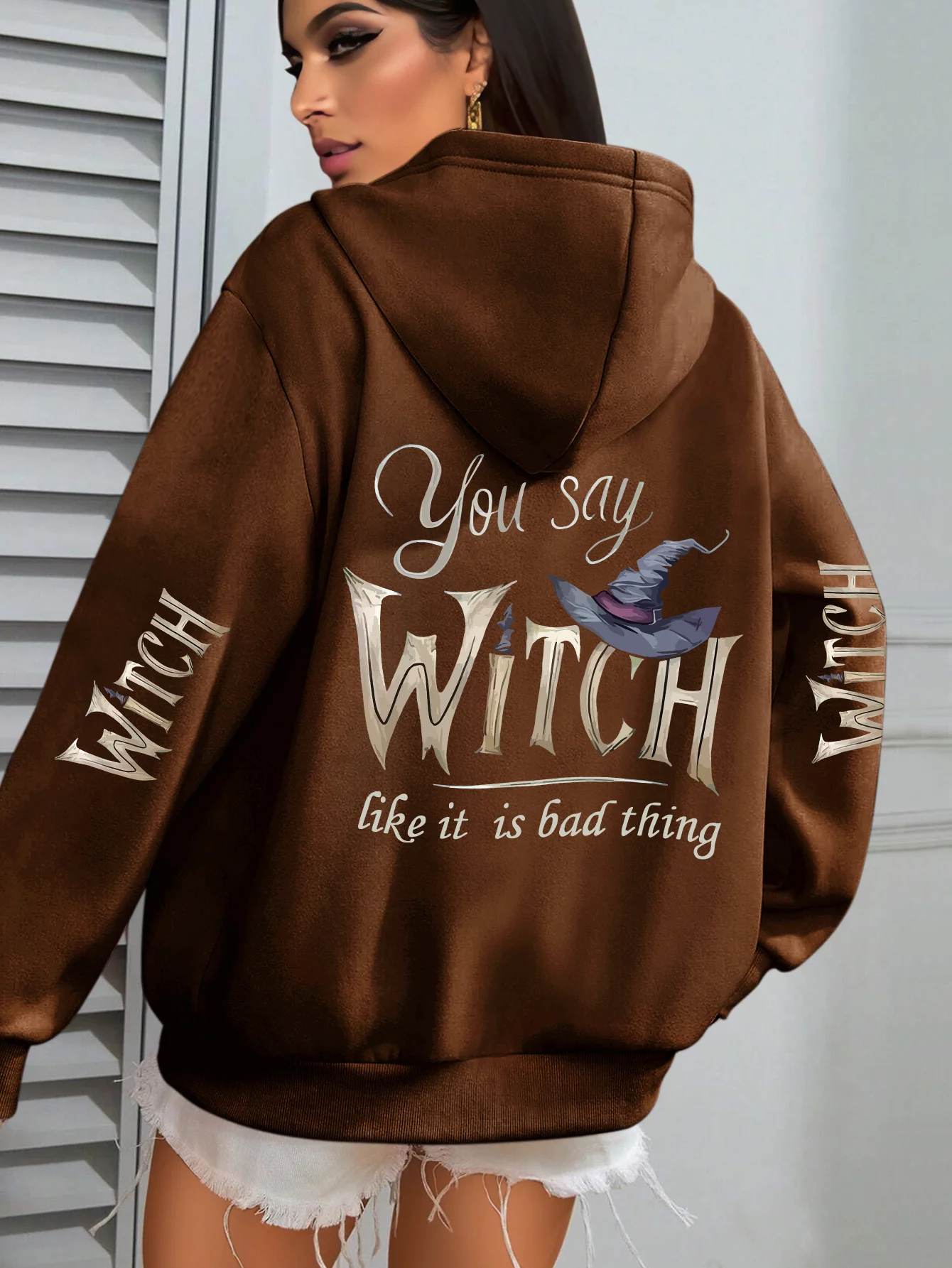 

Осенне-зимняя толстовка с капюшоном Y2K, шляпа ведьмы, текстовая тема, INS, ленивый стиль, американская уличная большая женская и детская верхняя одежда