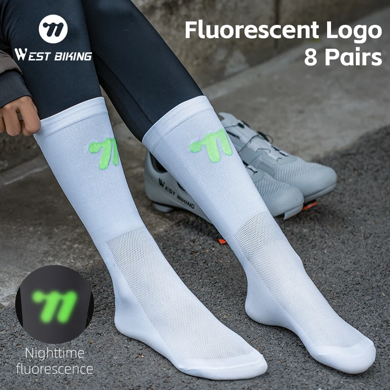 

WEST BIKING 8 Pairs Lot Women/Men Long Socks Non-slip Sock Breathable Sweat Fluorescent Logo Casual Mountaineering Cycling Socks