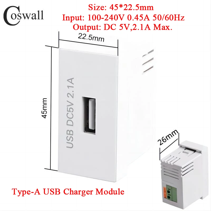 COSWALL E45 / P45-Serie Weiß / Schwarz 45 * 22,5 mm Wandsteckdose Typ C & A Dual-USB-Ladegerät DC 5 V, 2 A max. Modul DIY AC 100-240V – Detail 8
