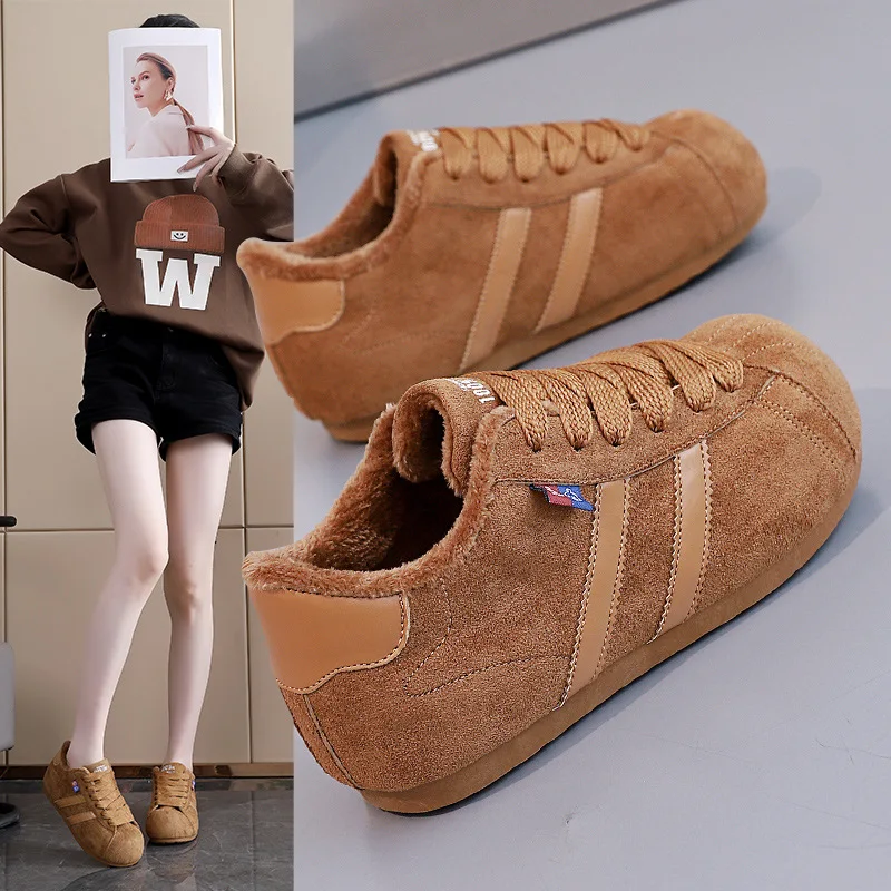 

Winter Round Toe Velvet Flat Shoes Red Fashionable Women's Casual Sneakers Retro Lace Up Frosted Board Shoes zapatillas de mujer