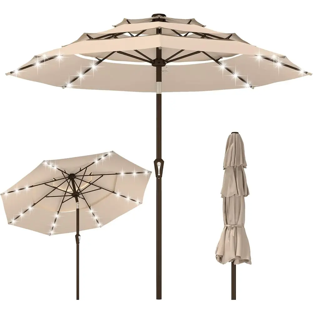 3-Tier Patio Umbrella with LED Lights, Easy Crank, UV Protection, for Outdoor Deck or Poolside (Beige)