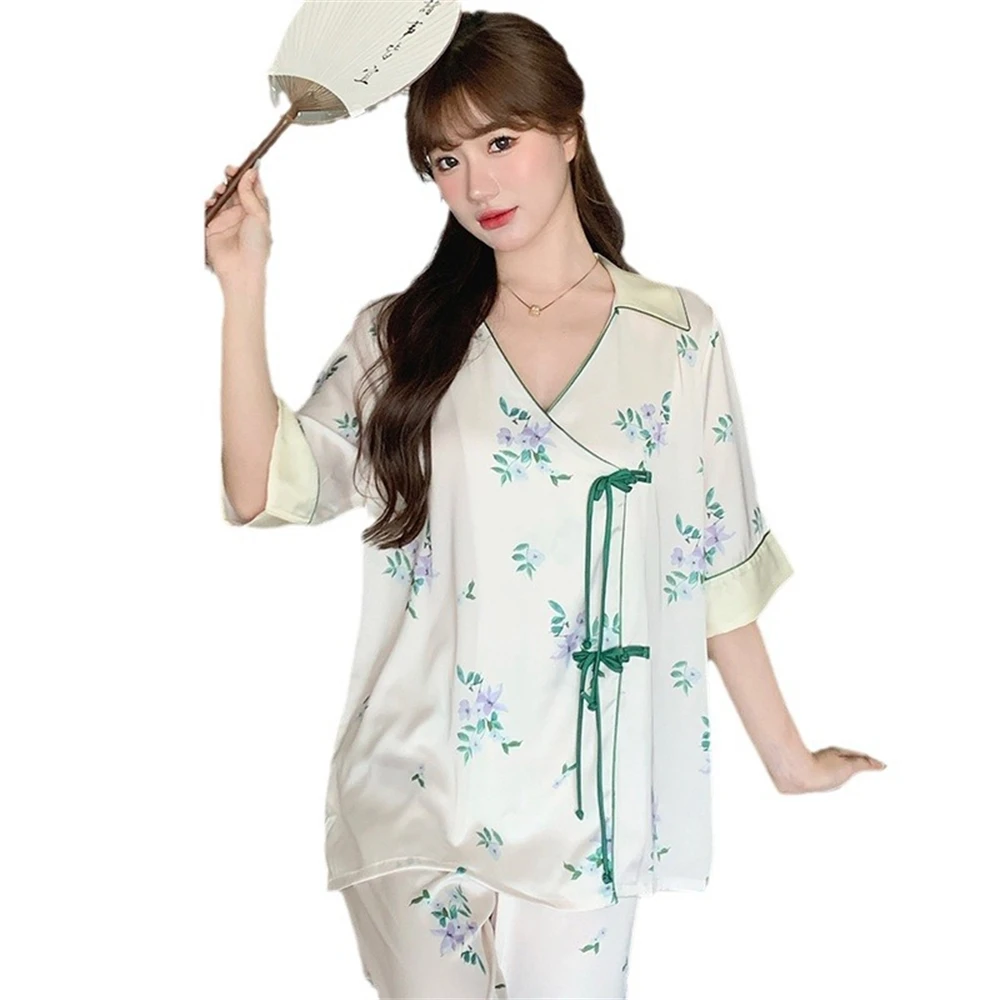 Women's Summer New Ice Silk Short Sleeves Pants Sleepwear Set Sweet Cute V-neck Pajamas Suit Chinese Style Retro Thin Homewear