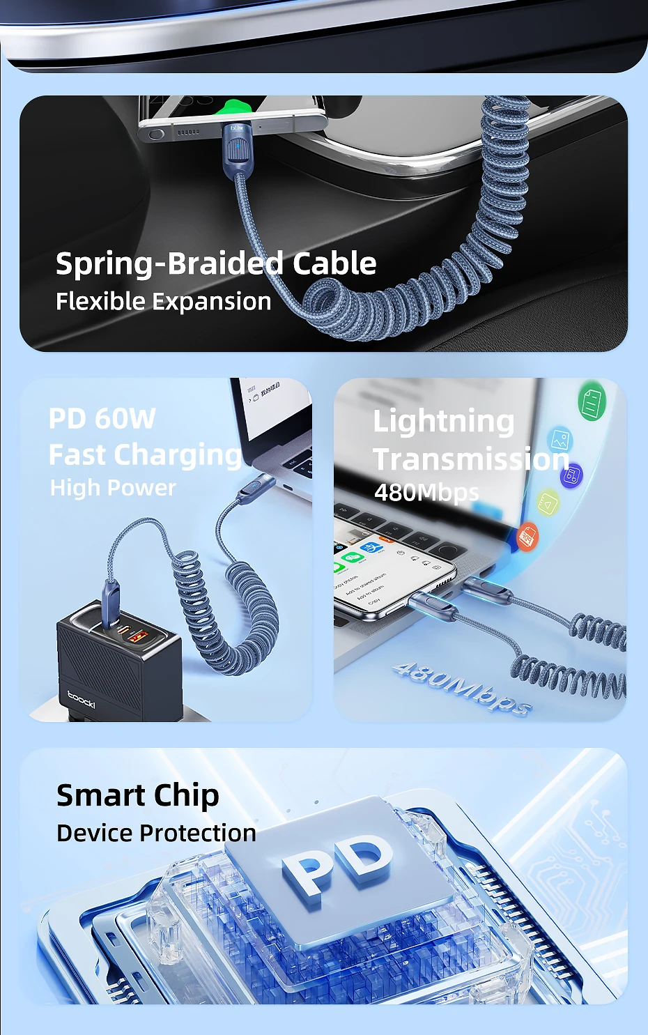 Toocki Auto-Federkabel Typ C für iPhone 17 16 15 Xiaomi Samsung 60W PD Schnellladung für Macbook iPad Typ C zu Typ C Kabel – Detail 2