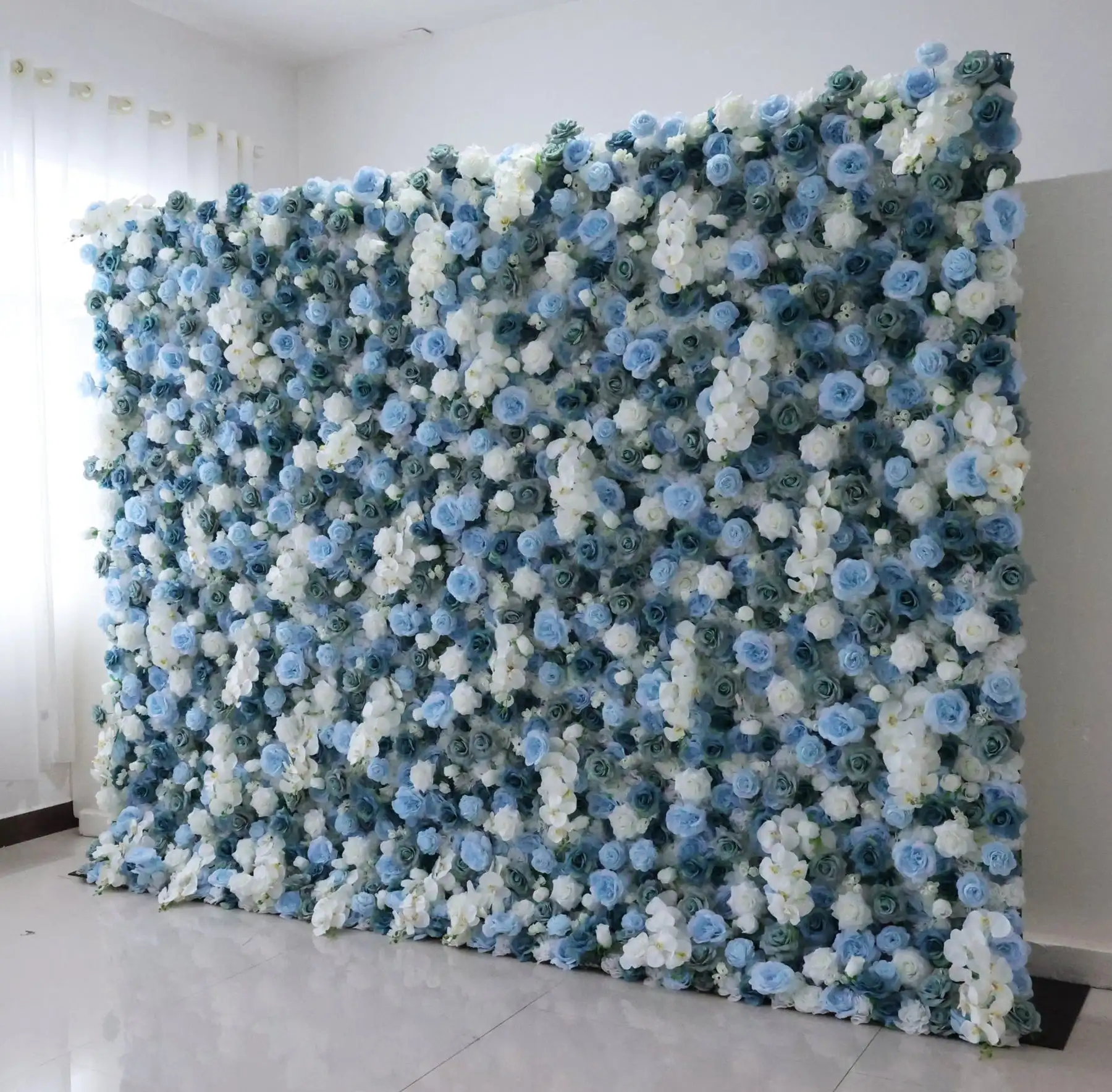 

Haze blue and white rose orchid wedding background 3D fabric wall rolled fabric wall arranged activity party stage props