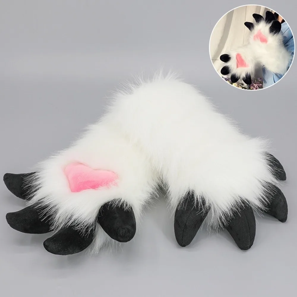 New Cartoon Animal Fursuit Paw Gloves Faux Fur Thicken Cosplay Dragon Paw Glove Handmade with Nails Furry Gloves Props