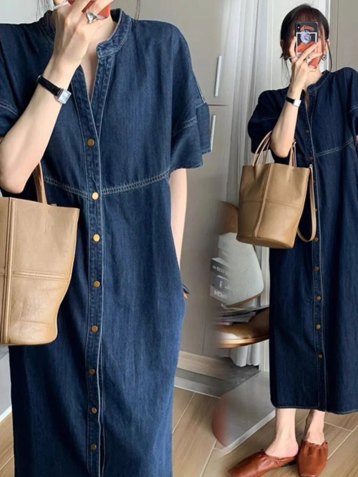 Retro Waed Denim Dr Stehkragen Casual Frühling Herbst Vintage Hohe Taille Baumwolle Polyester Mischung ort Sve V-ne