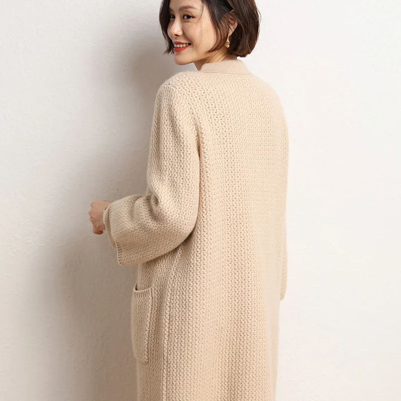 Hot Sale 2024 Autumn Winter New 100% Cashmere Cardigan Sweater Women\'s Solid Color Thicken Fashion Long Coat Female Long Sleeve