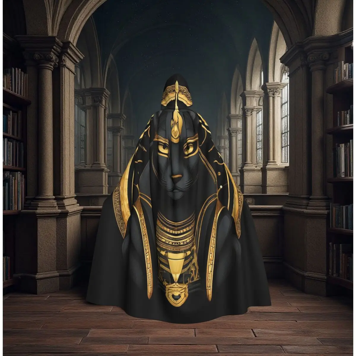 

Vintage Egyptian Cat Goddess Bastet Long Hooded Cloak Witch Medieval Costume Cosplay Cape HalloweenCoat Adult Unisex