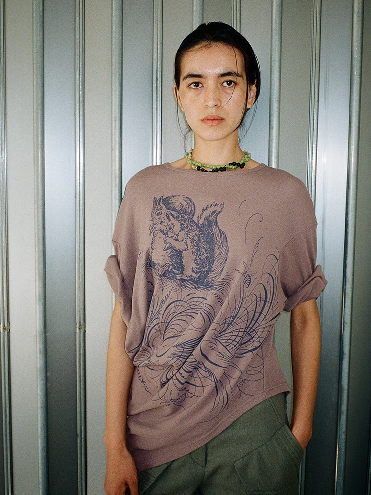 

Asymmetric Squirrel Lover T-irt Cotton Long Sve Women's Casual Loose Fit Summer Moisture ng round Ne Tee