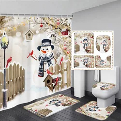 Cute Snowman Christmas Shower Curtain Set Winter Wooden Fence Red Bird Snowy Scenery Xmas Bathroom Decor Bath Mats Toilet Cover