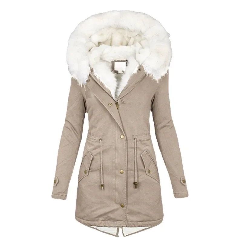 Womens Jacket Winter Warm Fleece Hooded Coat Medium Long Solid Color Faux Fur Zipper Windbreaker Jacket Parka Coats Outwear