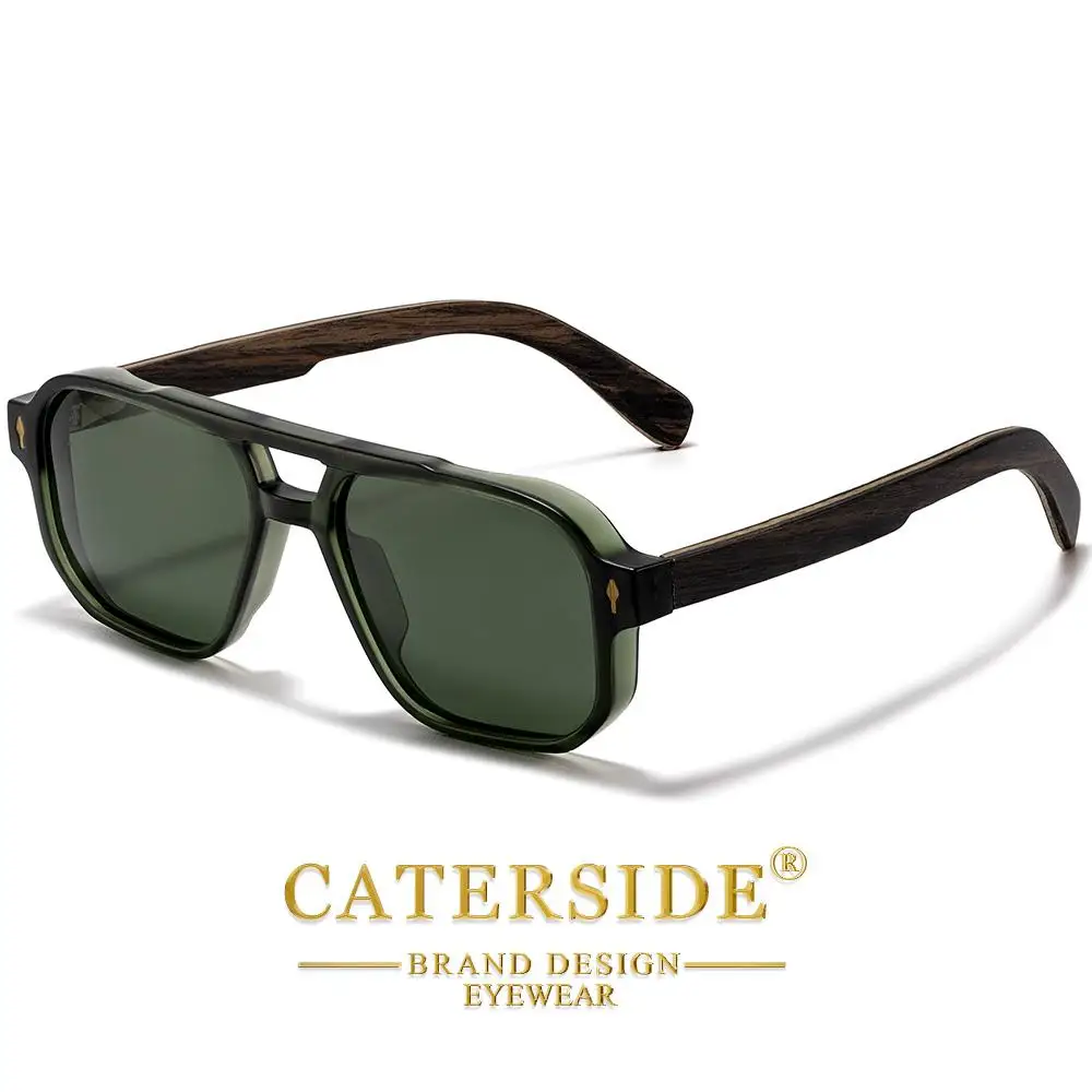 CATERSIDE Modische polarisierte Sonnenbrille für Herren, Holzbeine, flaches Doppelbrücken-Design, Sonnenbrille für Damen, Outdoor-Sommerbrille – Detail 14