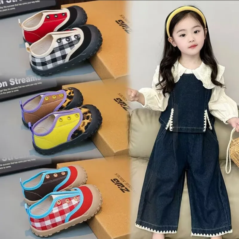 Autumn New Kids Canvas Shoes Girls' Splicing Color Contrasting Wide Round Head Sneakers Baby Kindergarten Indoor Casual Shoes