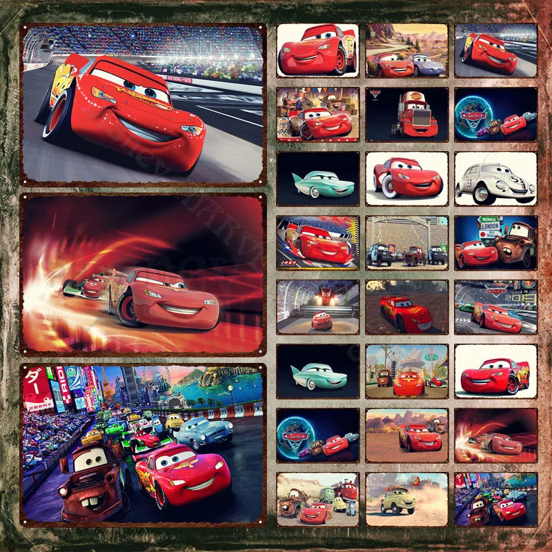 Disney Cars Metal Poster Lightning Mike Quinn In A Car Race Cartoon Plaque Decorative Tin Plate Classic Tin Signs Wall Art Decor