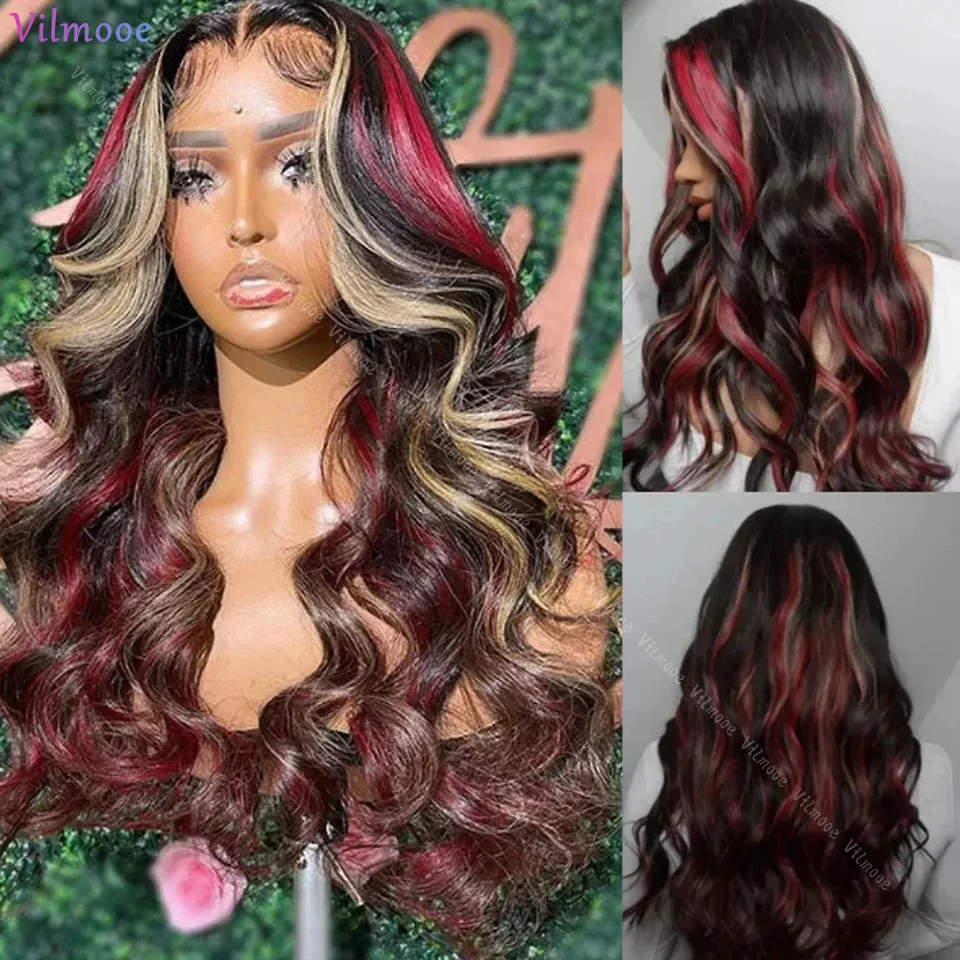 #1b/99J Highlight Colored Ombre Burgundy  Body Wave Silk Top Wigs Human Hair Brazilian HD Transparent Lace Closure Wig For Women