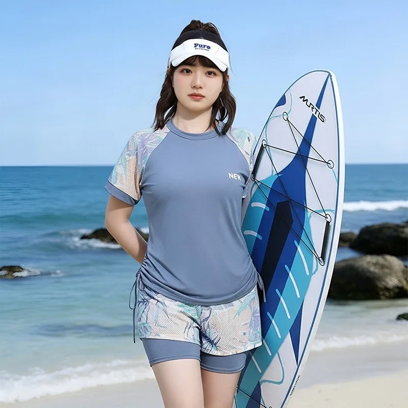Tankini Set Tropical Print Raglan Short Sleeve Drawstring Side Top With Double Layer Shorts Sporty Beach Bathing Suit Swimwear