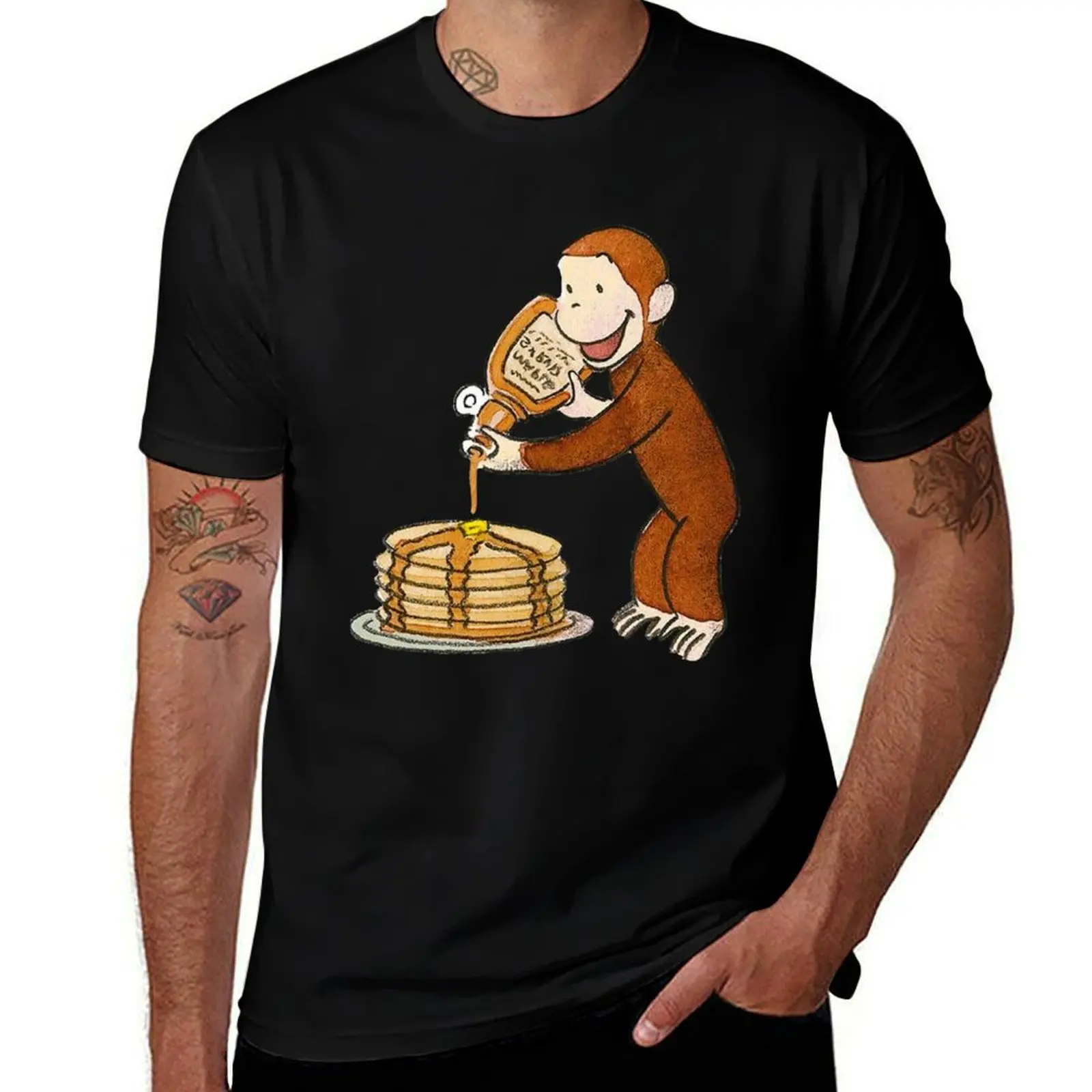 Curious George making pancakes T-Shirt Vintage Style Printed Top T-Shirt