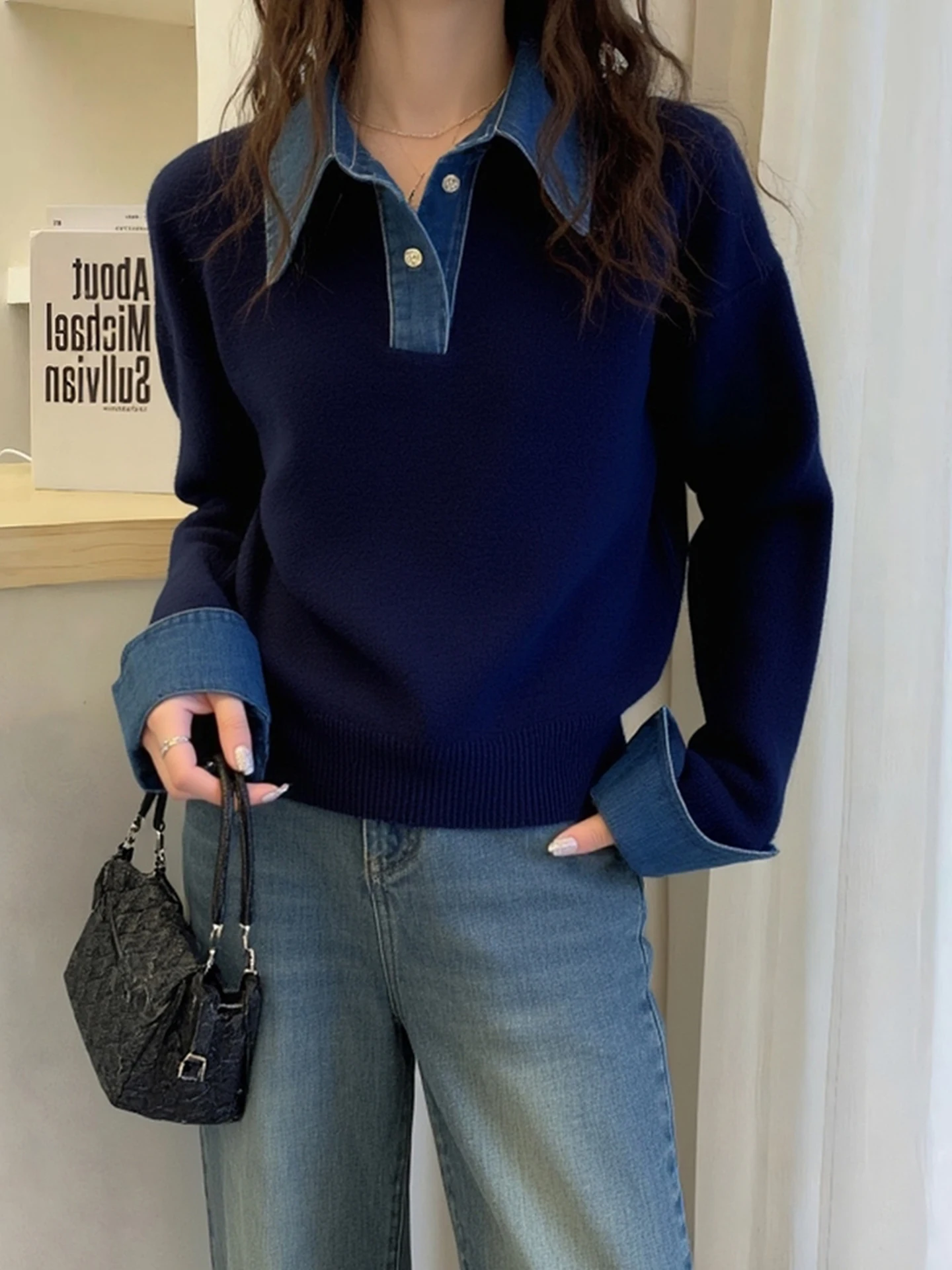

Deep Blue Ne Denim Patchwork Knitted Sweater Women Long Sve Overhead Lazy Sle Top False Two-Piece Winter Faion