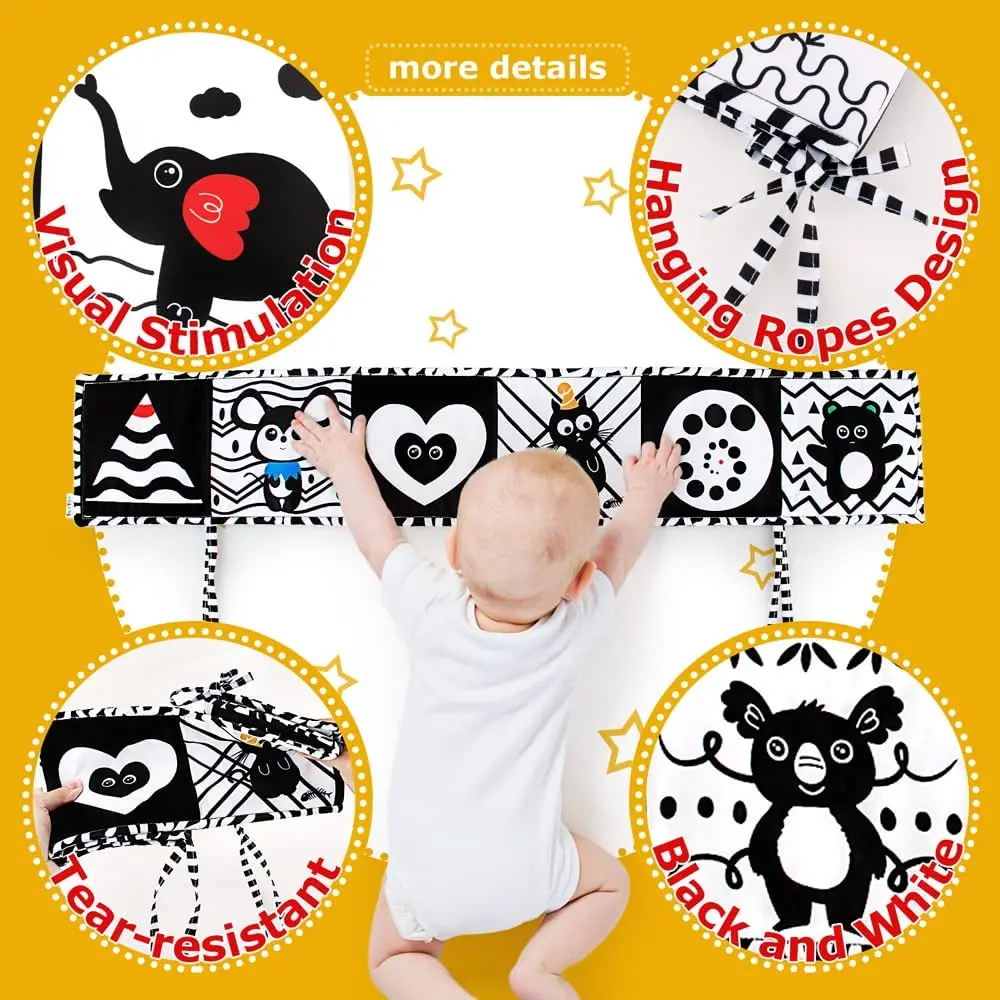 Juguetes de alto contraste en blanco y negro, libro suave para bebés, juguetes educativos, libro de tela para cama de actividades, juguetes para cuna para recién nacidos de 0 a 12 meses