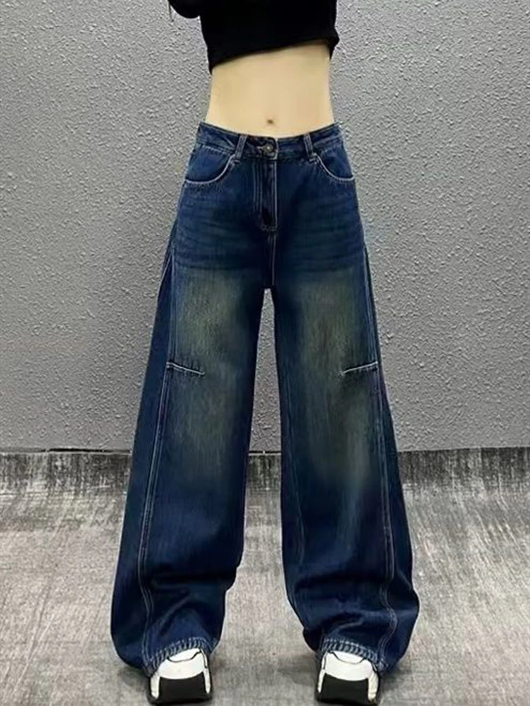 Personalized side panel washed jeans women autumn high waist loose fit versatile straight leg wide leg denim pants trendy