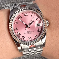 BLIGER 36mm 39mm Sunburst Pink Dial Silver Roman Numbers NH35A Automatic Men Watch Stainless Steel Strap Sapphire Glass 2023