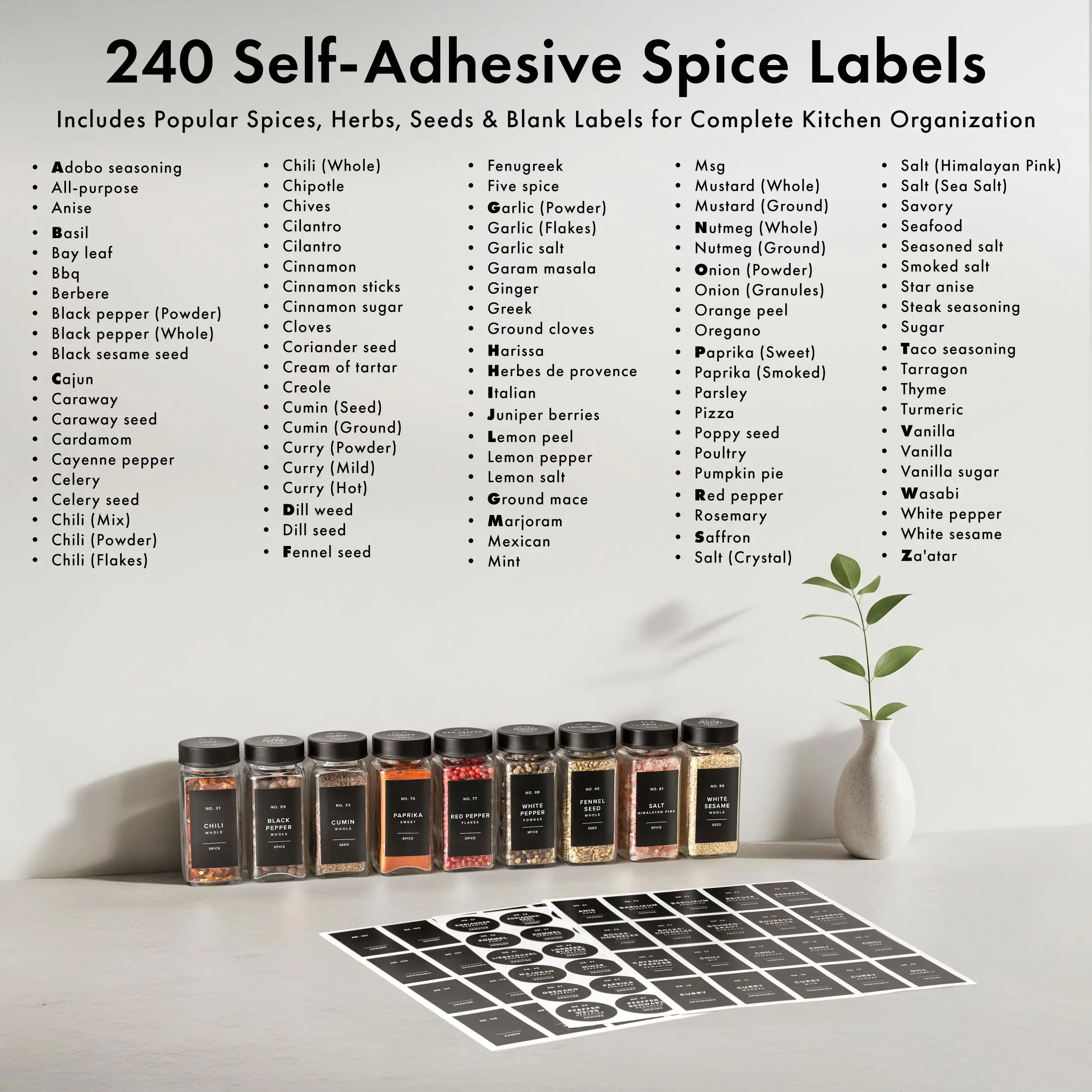 برطمانات توابل زجاجية سعة 24 أونصة، أغطية من الفولاذ المقاوم للصدأ مع ملصقات وقمع